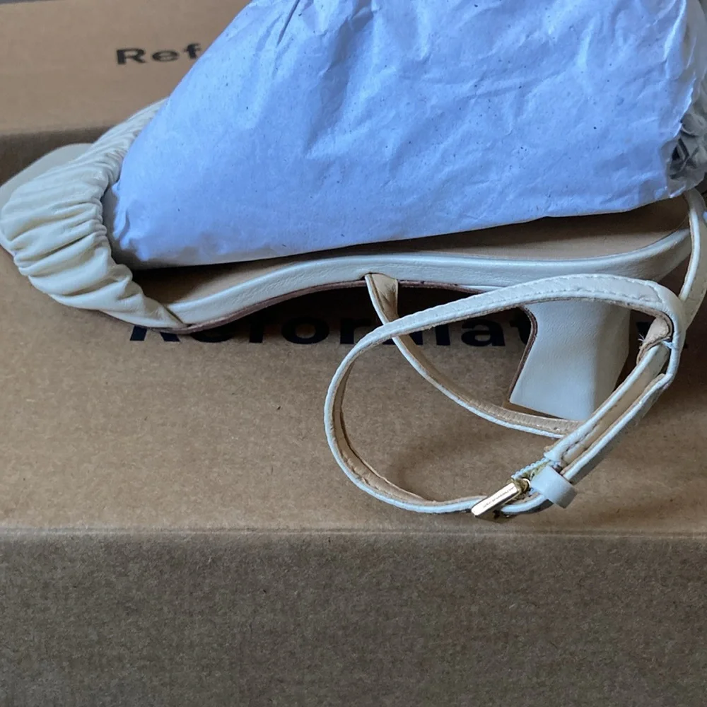 Reformation Cream Ruched Strap Sandals